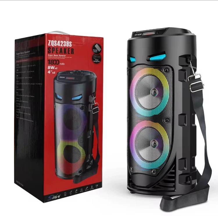 اسپیکر بلوتوثی ZQS-4239 همراه میکروفون و ریموت کنترل و بند دوشی | توان 16 وات، رقص نور RGB و باتری 1800 میلی‌آمپر